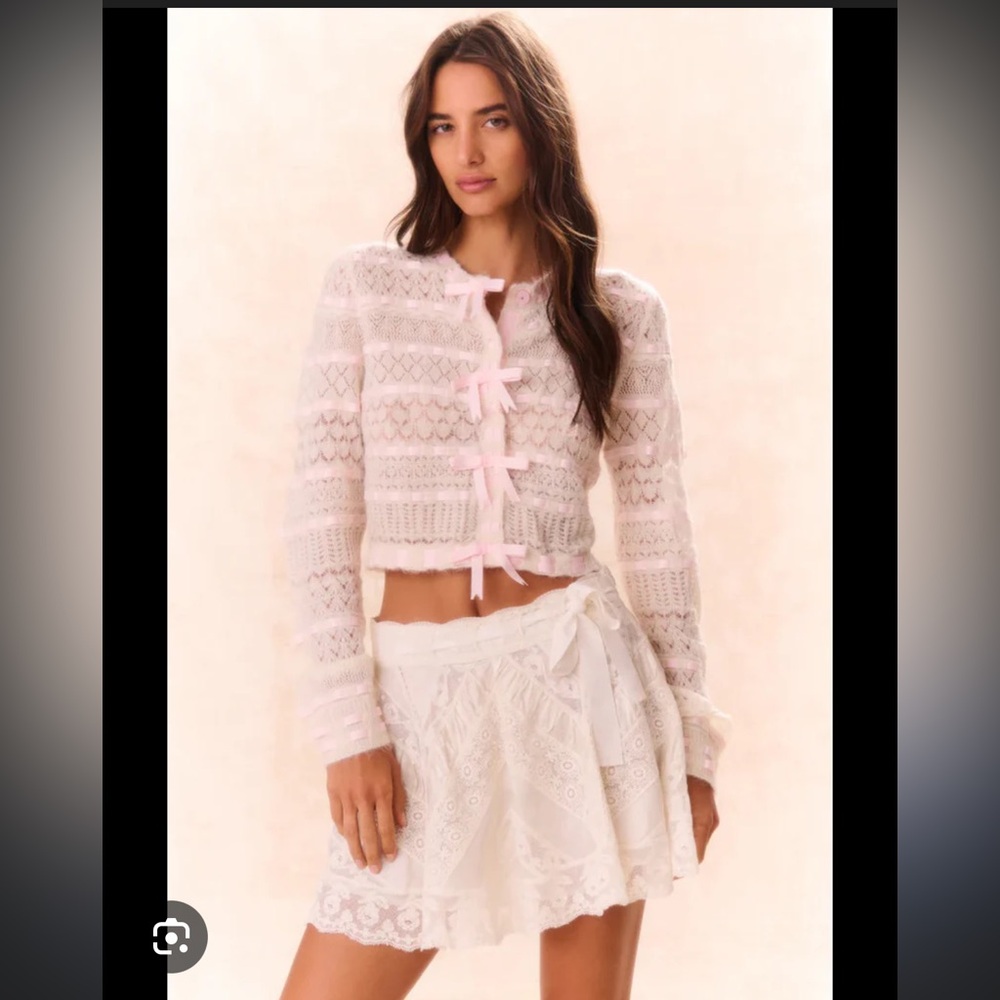 LoveShackFancy White Cardigan with pink ribbon detail XS